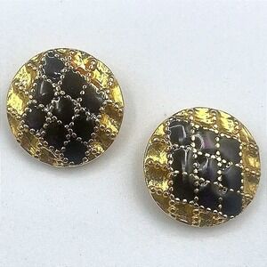 Vintage Gold Tone Quilted Enamel Button Earrings Clip On Checkerboard Jewelry